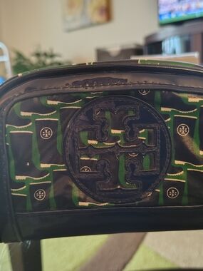 Tory Burch Green and Navy Logo Cosmetic Pouch